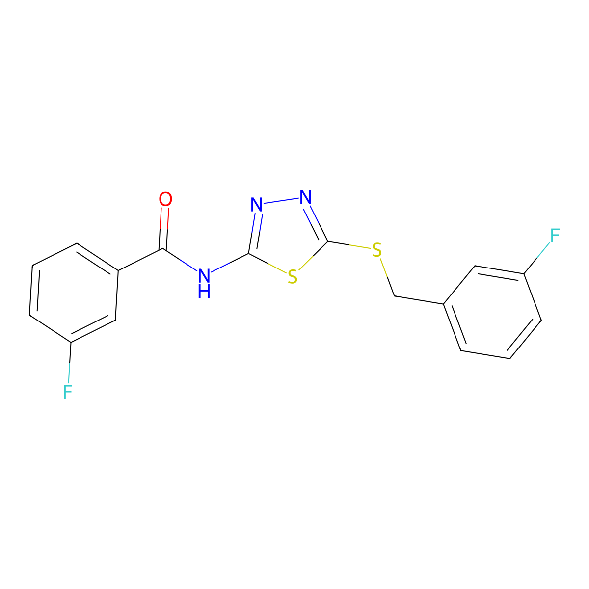 3-fluoro-N-(5-((3-fluorobenzyl)thio)-1,3,4-thiadiazol-2-yl)benzamide molecular structure, CAS 392303-48-9