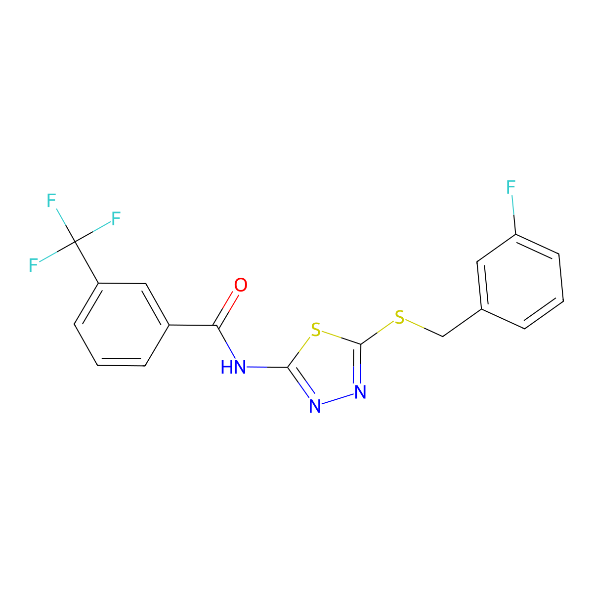 N-(5-((3-fluorobenzyl)thio)-1,3,4-thiadiazol-2-yl)-3-(trifluoromethyl)benzamide molecular structure, CAS 392303-50-3