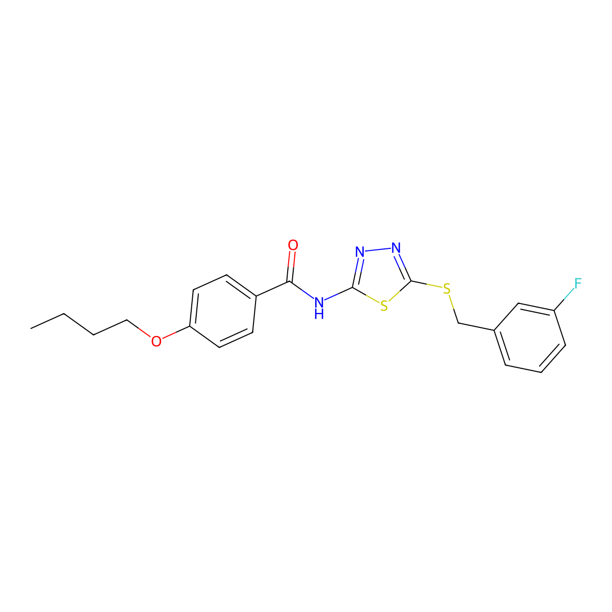 4-butoxy-N-(5-((3-fluorobenzyl)thio)-1,3,4-thiadiazol-2-yl)benzamide molecular structure, CAS 392303-54-7