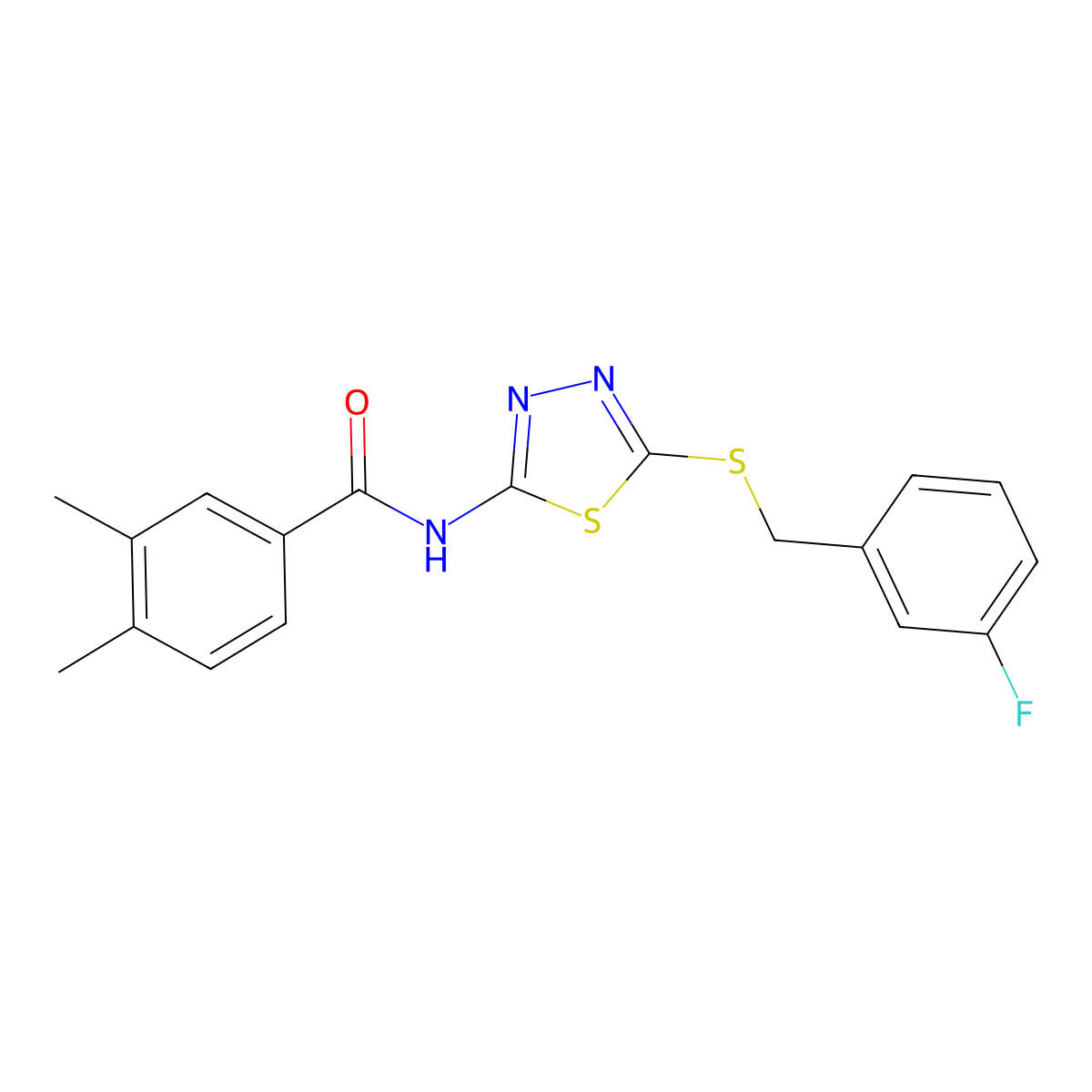 N-(5-((3-fluorobenzyl)thio)-1,3,4-thiadiazol-2-yl)-3,4-dimethylbenzamide molecular structure, CAS 392303-55-8