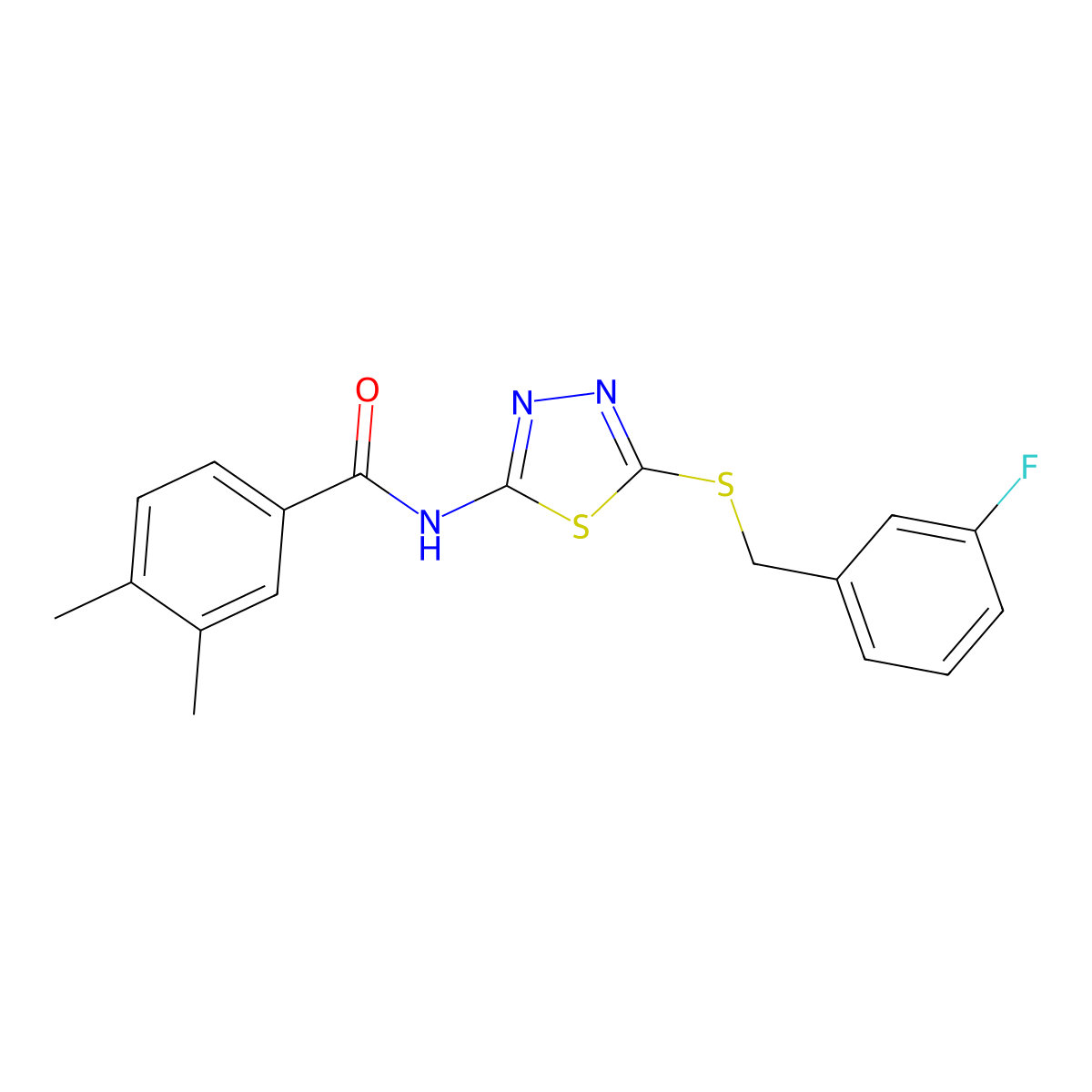 N-(5-((3-fluorobenzyl)thio)-1,3,4-thiadiazol-2-yl)-3,4-dimethylbenzamide molecular structure, CAS 392303-55-8