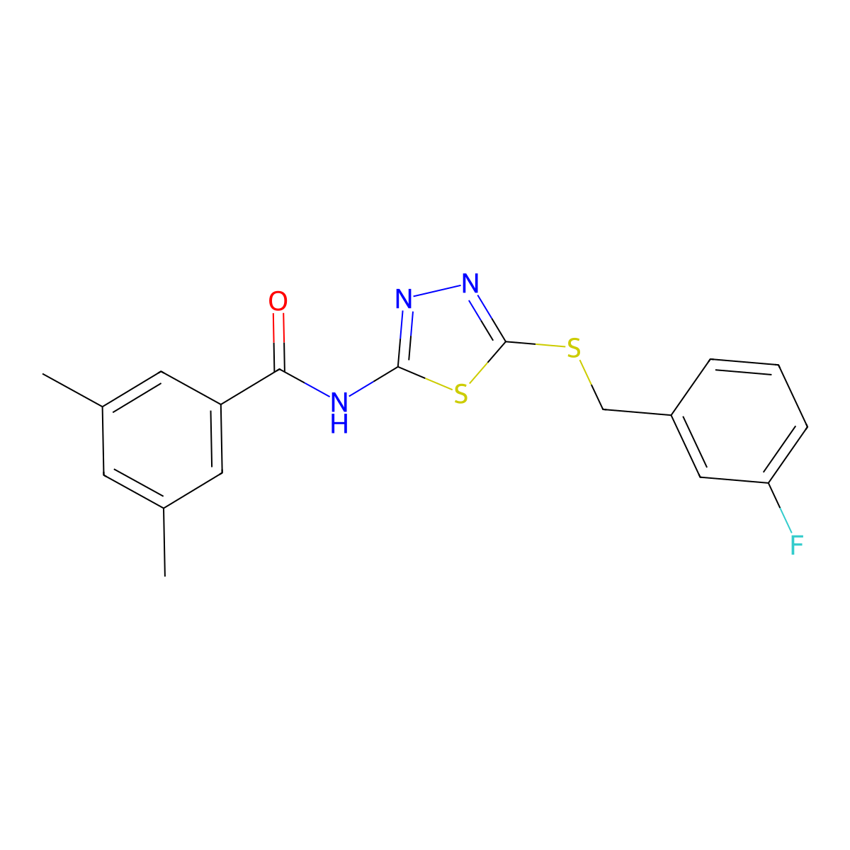 N-(5-((3-fluorobenzyl)thio)-1,3,4-thiadiazol-2-yl)-3,5-dimethylbenzamide molecular structure, CAS 392303-56-9