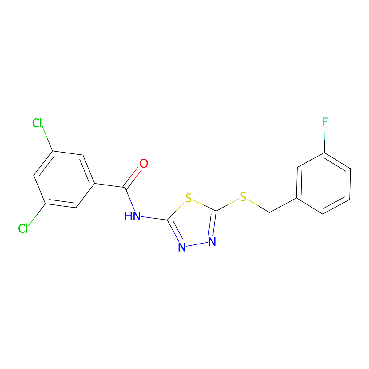 3,5-dichloro-N-[5-[(3-fluorophenyl)methylsulfanyl]-1,3,4-thiadiazol-2-yl]benzamide molecular structure, CAS 392303-57-0
