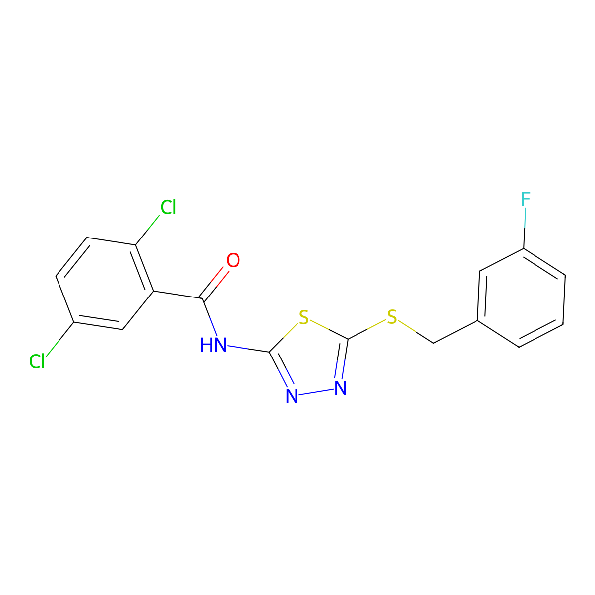 2,5-dichloro-N-[5-[(3-fluorophenyl)methylsulfanyl]-1,3,4-thiadiazol-2-yl]benzamide molecular structure, CAS 392303-60-5