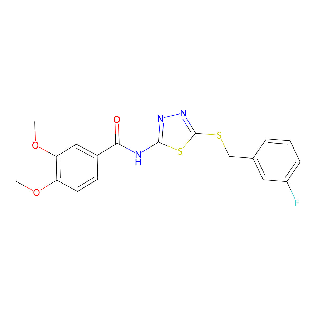 N-(5-((3-fluorobenzyl)thio)-1,3,4-thiadiazol-2-yl)-3,4-dimethoxybenzamide molecular structure, CAS 392303-61-6