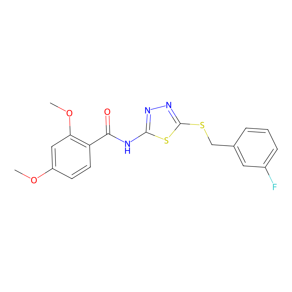 N-(5-((3-fluorobenzyl)thio)-1,3,4-thiadiazol-2-yl)-2,4-dimethoxybenzamide molecular structure, CAS 392303-62-7