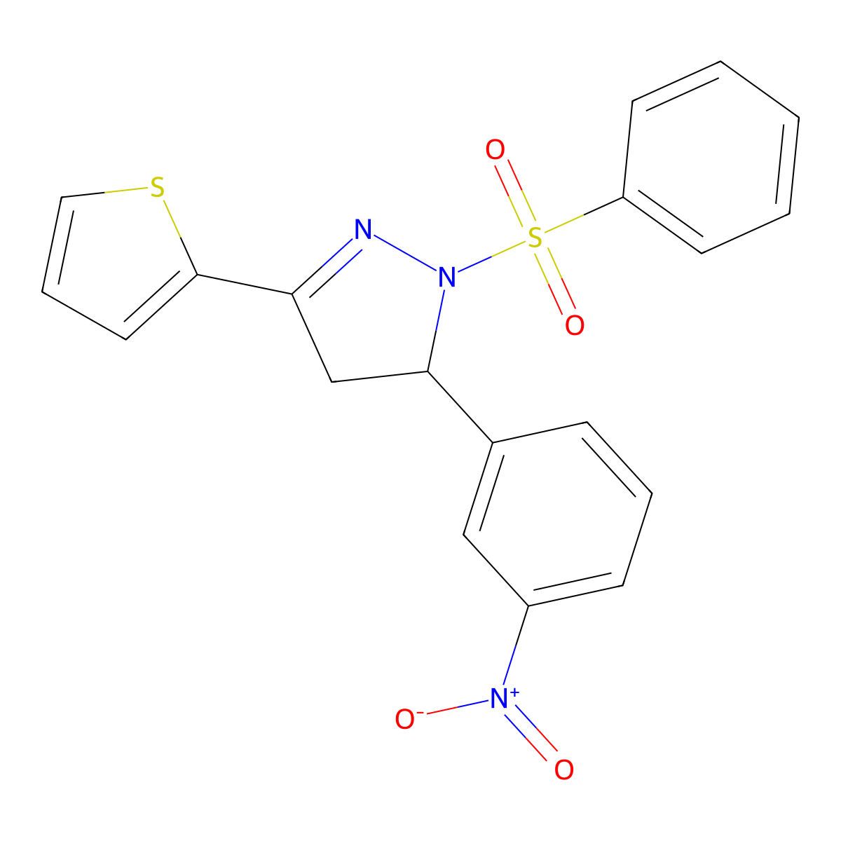 2-(Benzenesulfonyl)-3-(3-nitrophenyl)-5-thiophen-2-yl-3,4-dihydropyrazole molecular structure, CAS 392308-49-5