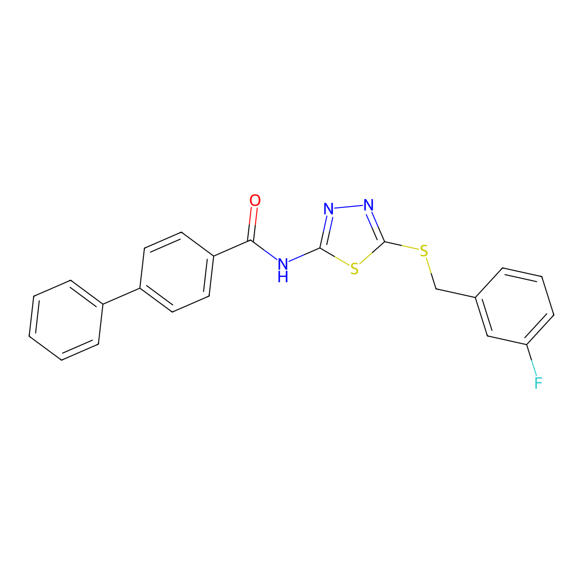 N-(5-((3-fluorobenzyl)thio)-1,3,4-thiadiazol-2-yl)-[1,1'-biphenyl]-4-carboxamide molecular structure, CAS 392317-42-9