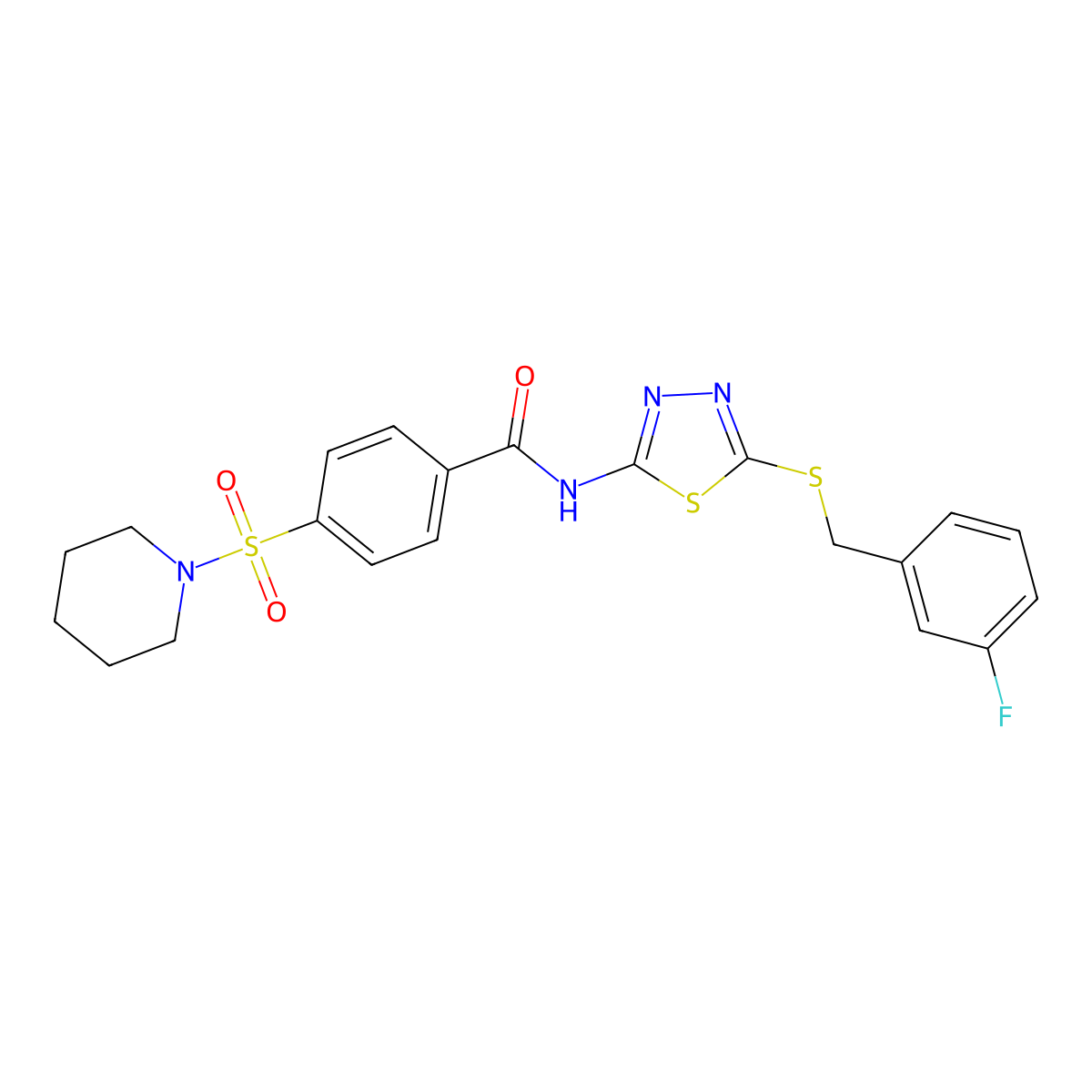 N-(5-((3-fluorobenzyl)thio)-1,3,4-thiadiazol-2-yl)-4-(piperidin-1-ylsulfonyl)benzamide molecular structure, CAS 392317-46-3