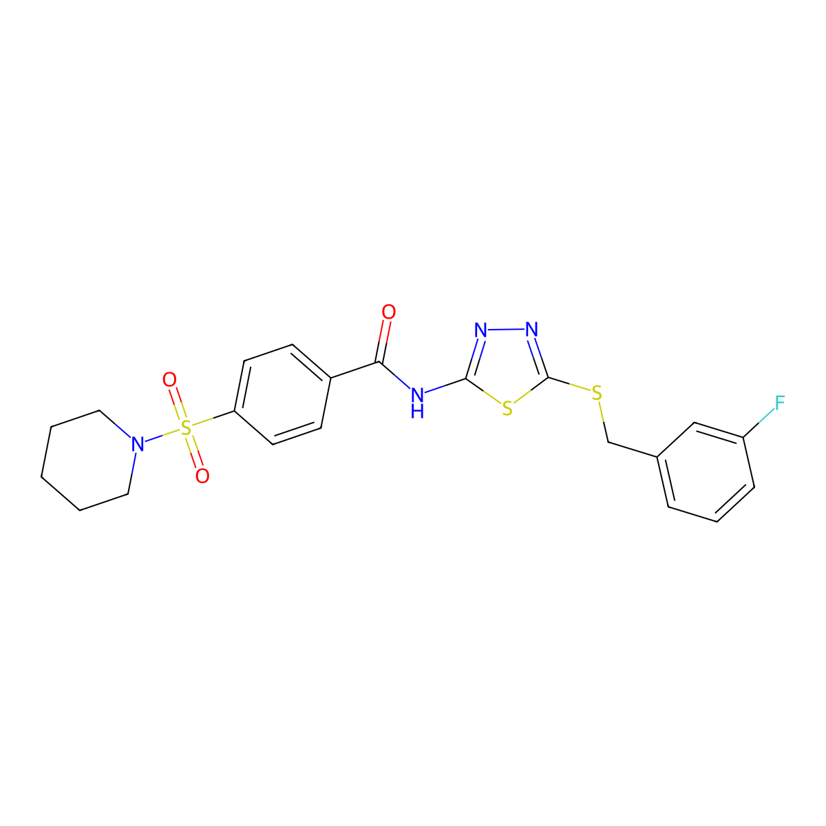 N-(5-((3-fluorobenzyl)thio)-1,3,4-thiadiazol-2-yl)-4-(piperidin-1-ylsulfonyl)benzamide molecular structure, CAS 392317-46-3