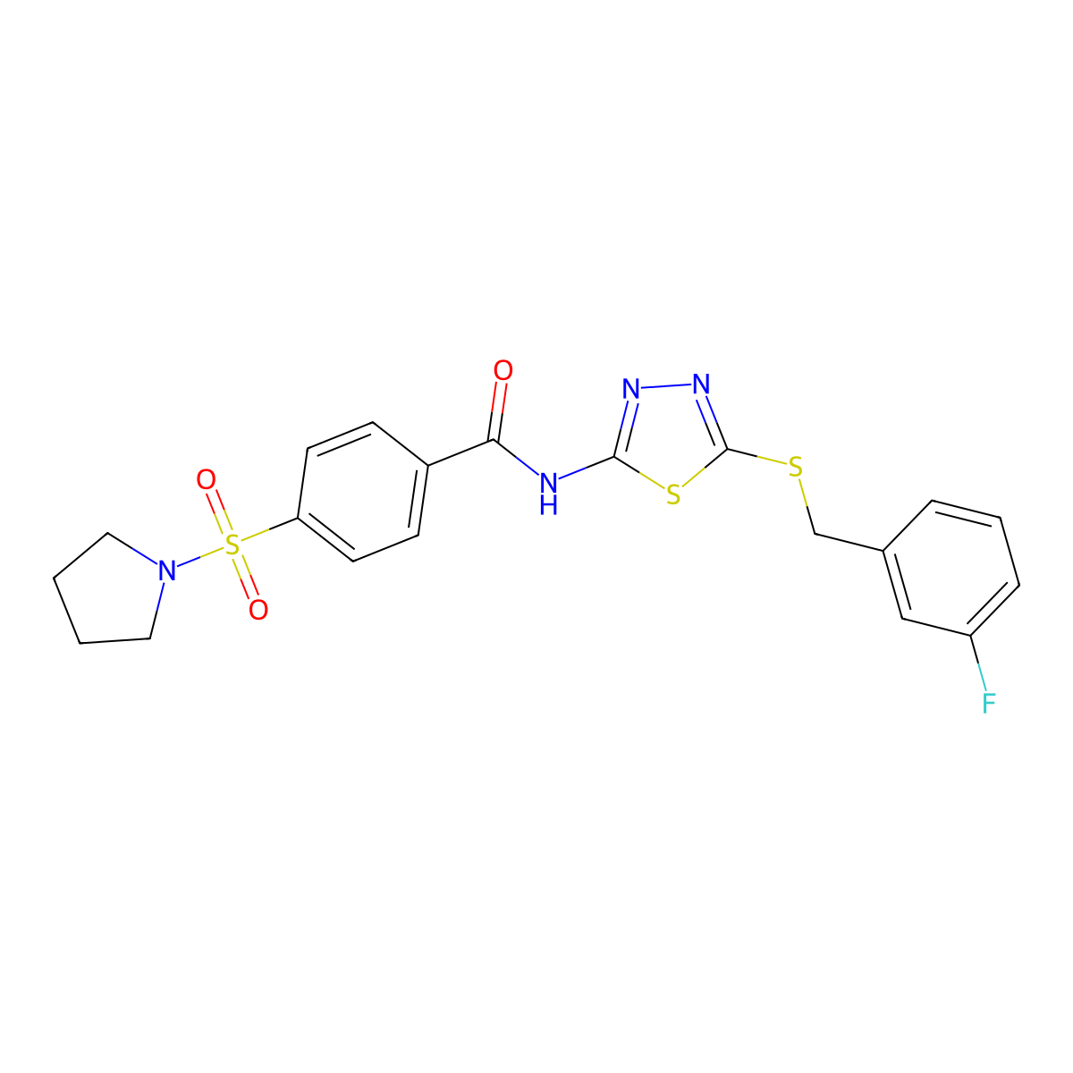 N-[5-[(3-fluorophenyl)methylsulfanyl]-1,3,4-thiadiazol-2-yl]-4-pyrrolidin-1-ylsulfonylbenzamide molecular structure, CAS 392317-50-9