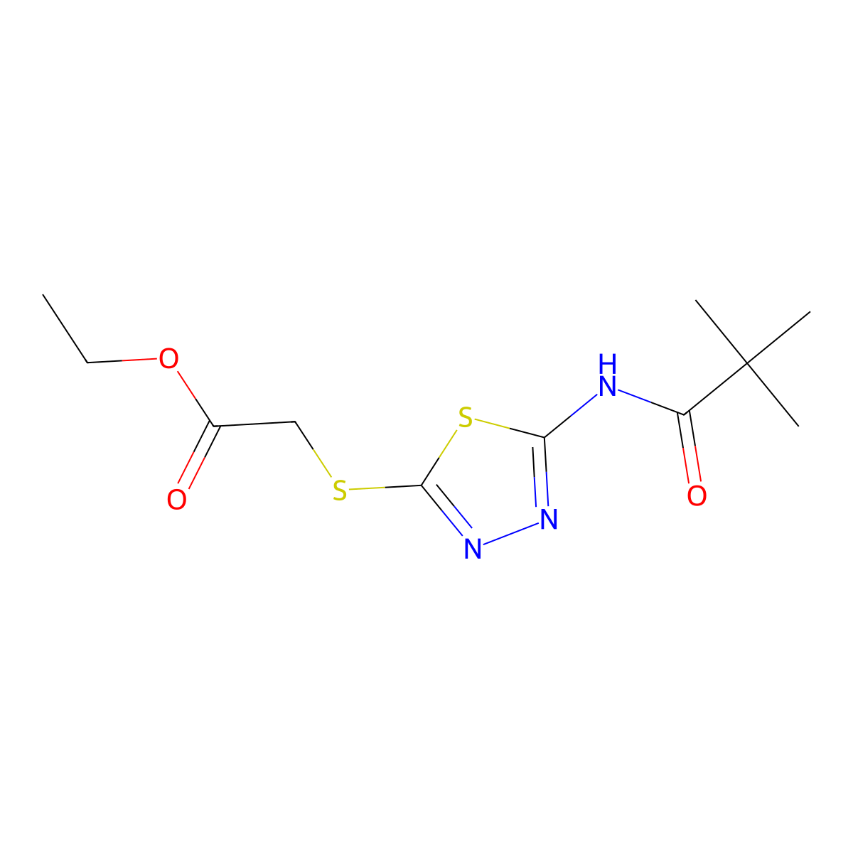 Ethyl 2-((5-pivalamido-1,3,4-thiadiazol-2-yl)thio)acetate molecular structure, CAS 392317-60-1