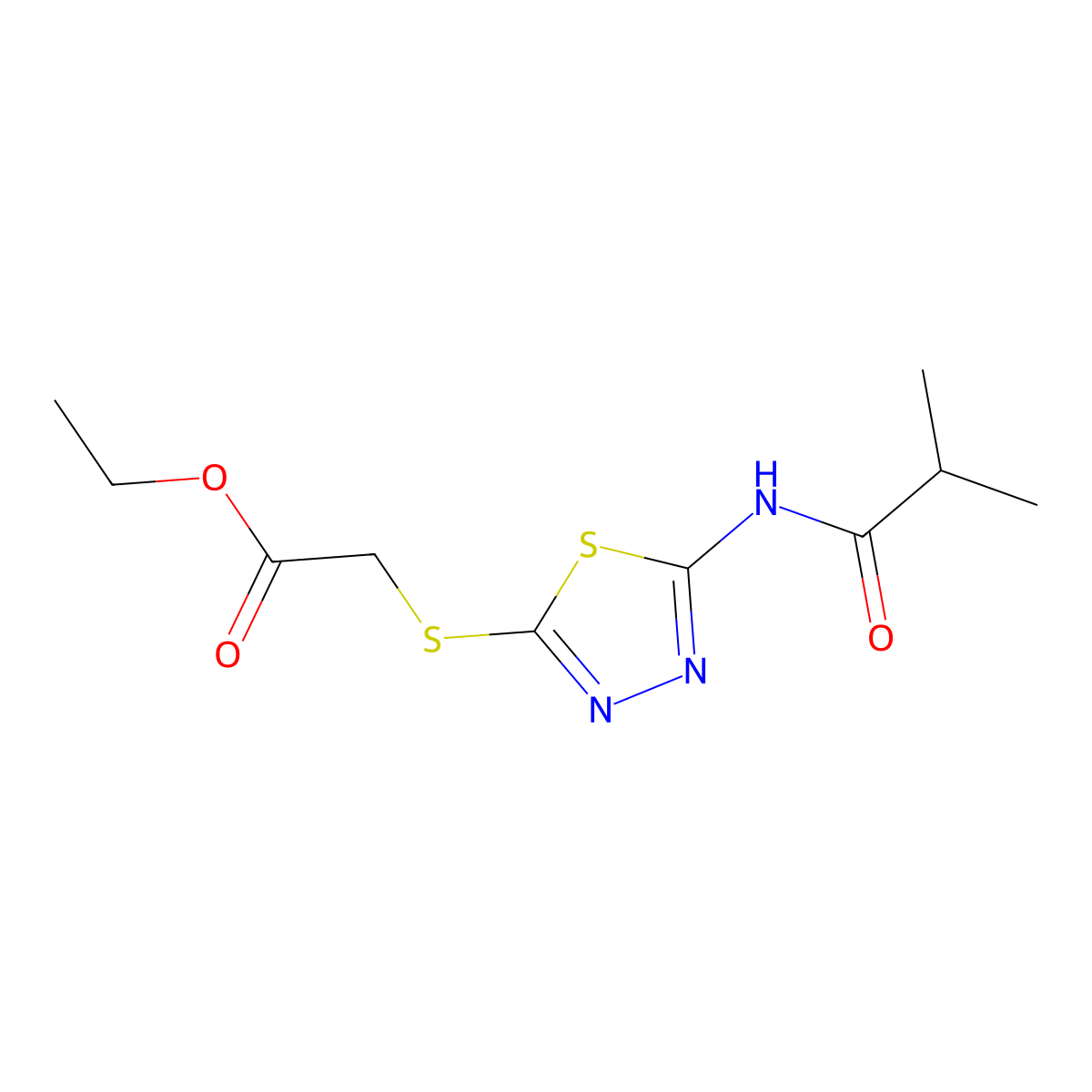 Ethyl 2-((5-isobutyramido-1,3,4-thiadiazol-2-yl)thio)acetate molecular structure, CAS 392317-62-3
