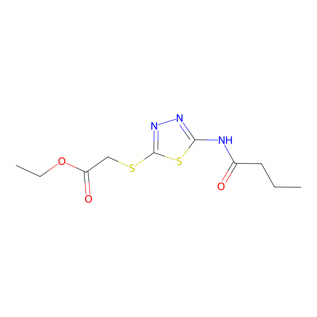 Ethyl 2-((5-butyramido-1,3,4-thiadiazol-2-yl)thio)acetate molecular structure, CAS 392317-67-8