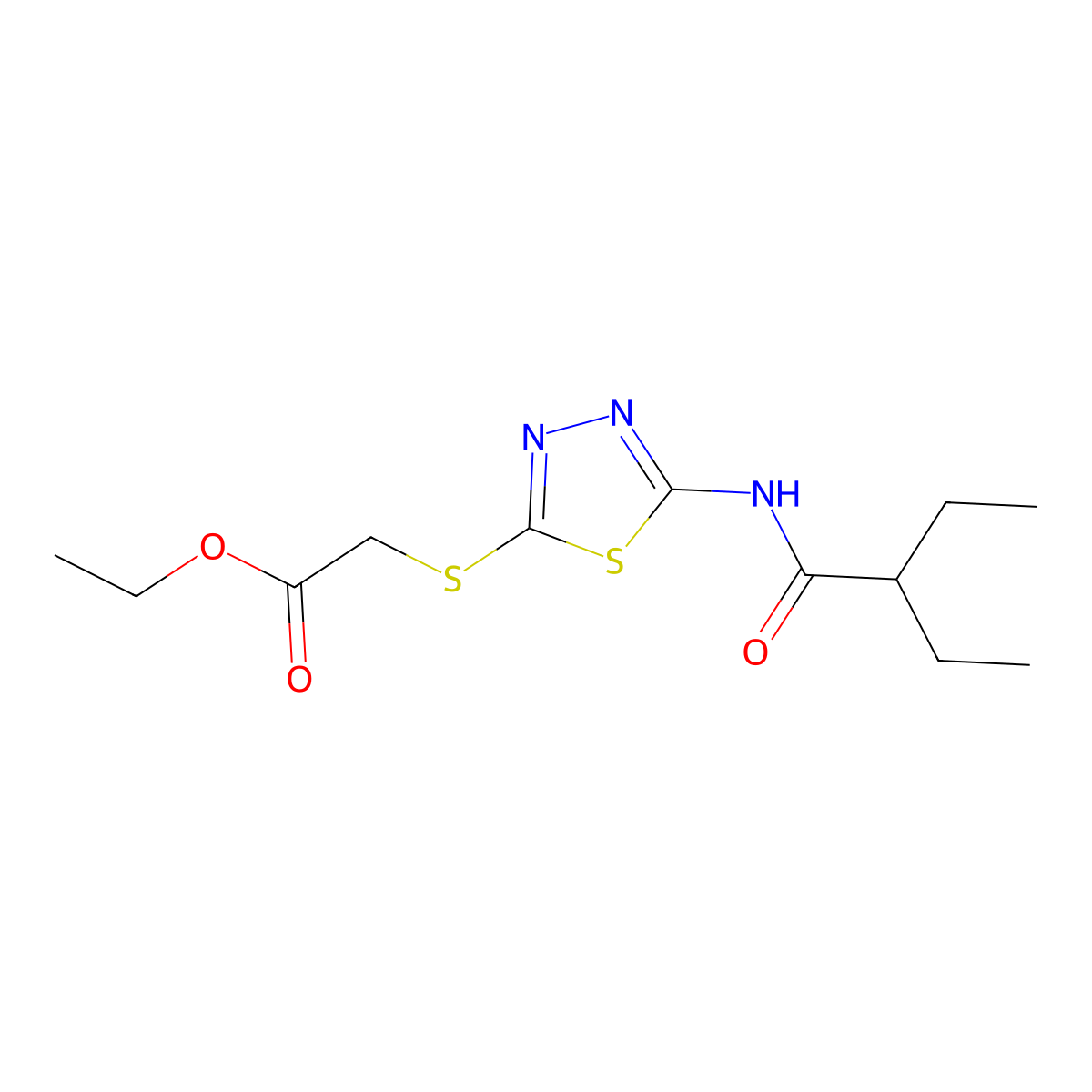 Ethyl 2-((5-(2-ethylbutanamido)-1,3,4-thiadiazol-2-yl)thio)acetate molecular structure, CAS 392317-69-0