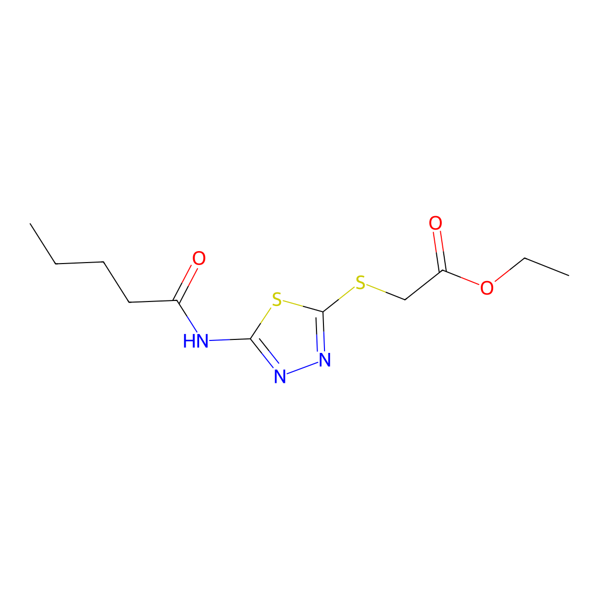 Ethyl 2-((5-pentanamido-1,3,4-thiadiazol-2-yl)thio)acetate molecular structure, CAS 392317-71-4