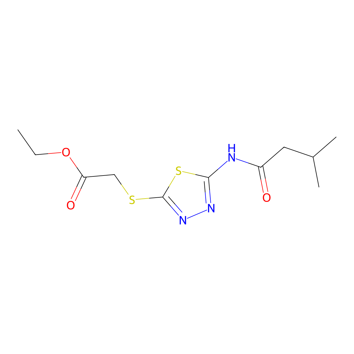 Ethyl 2-((5-(3-methylbutanamido)-1,3,4-thiadiazol-2-yl)thio)acetate molecular structure, CAS 392317-73-6