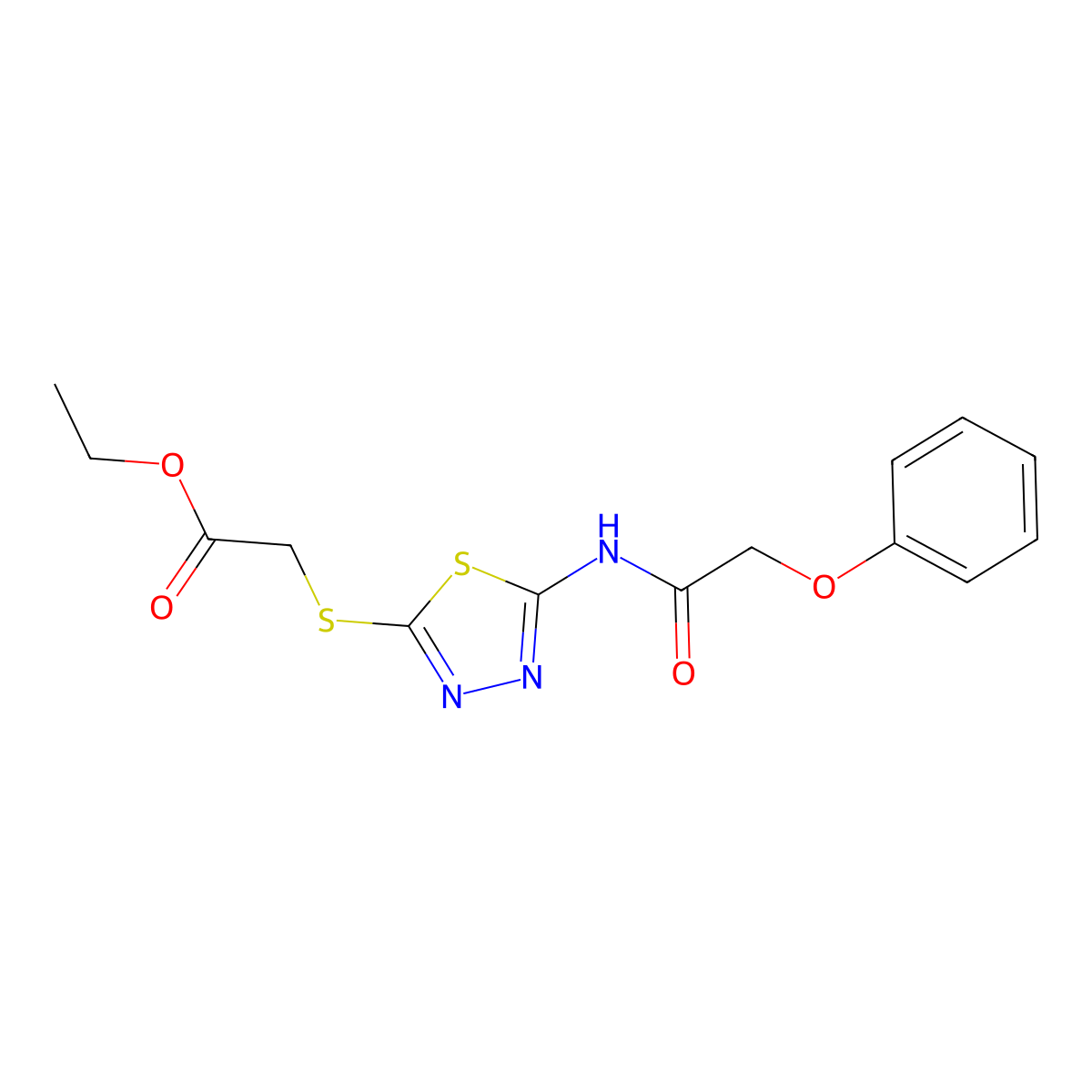 Ethyl 2-((5-(2-phenoxyacetamido)-1,3,4-thiadiazol-2-yl)thio)acetate molecular structure, CAS 392317-75-8