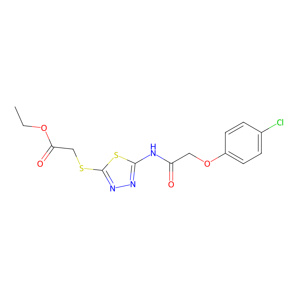 Ethyl 2-((5-(2-(4-chlorophenoxy)acetamido)-1,3,4-thiadiazol-2-yl)thio)acetate molecular structure, CAS 392317-77-0