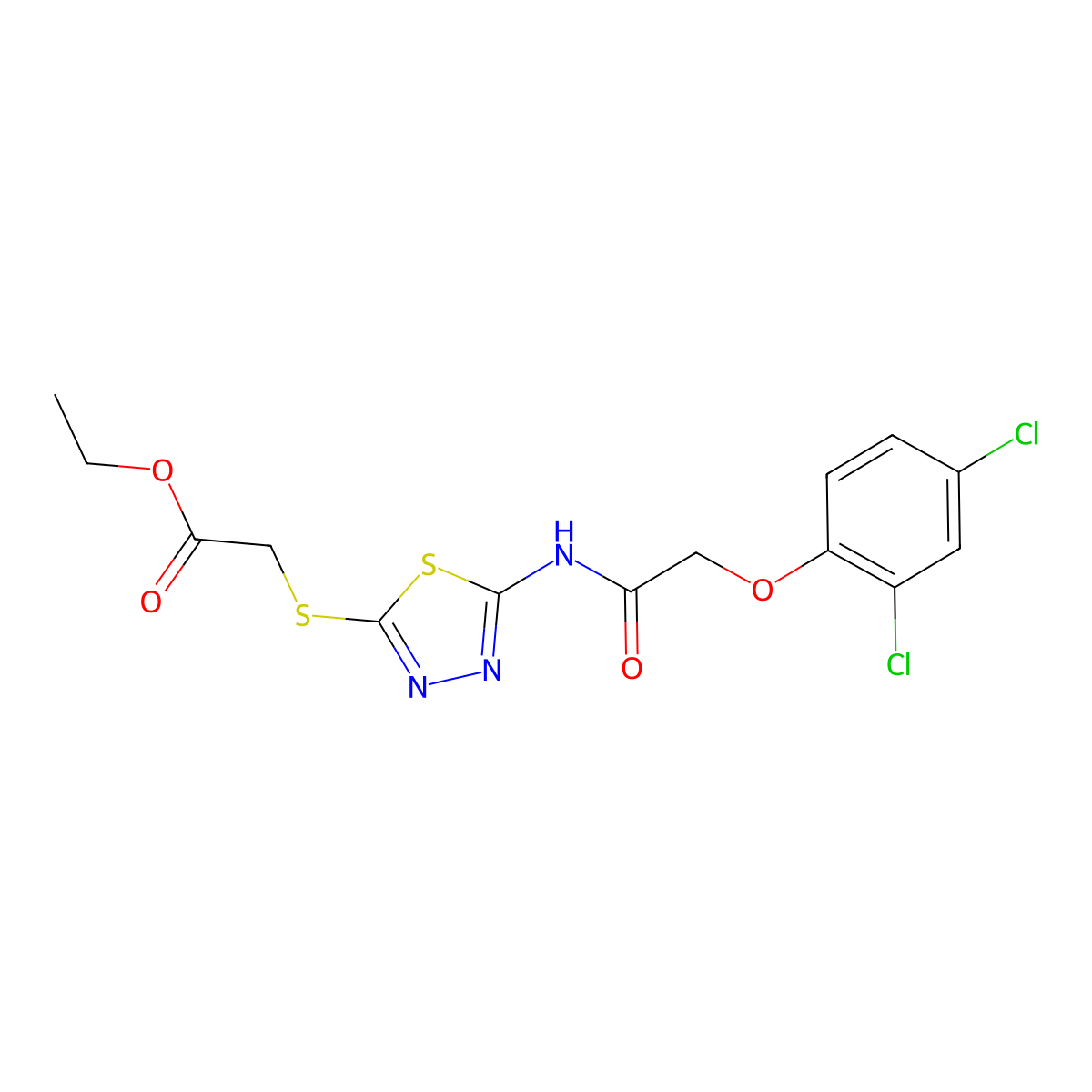 Ethyl 2-((5-(2-(2,4-dichlorophenoxy)acetamido)-1,3,4-thiadiazol-2-yl)thio)acetate molecular structure, CAS 392317-79-2