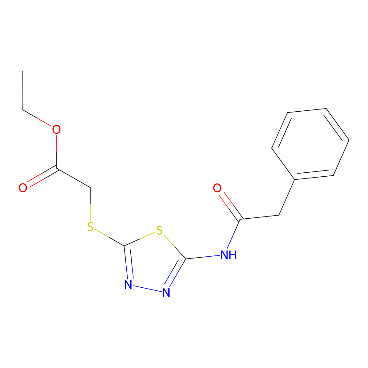 Ethyl 2-((5-(2-phenylacetamido)-1,3,4-thiadiazol-2-yl)thio)acetate molecular structure, CAS 392317-83-8