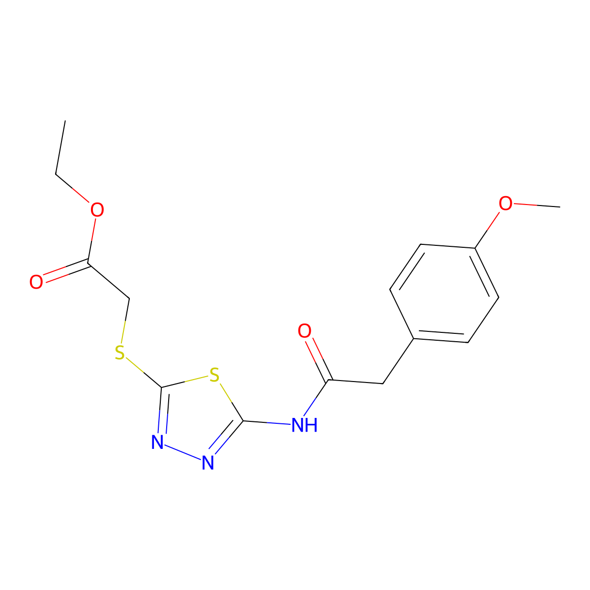 Ethyl 2-((5-(2-(4-methoxyphenyl)acetamido)-1,3,4-thiadiazol-2-yl)thio)acetate molecular structure, CAS 392317-85-0