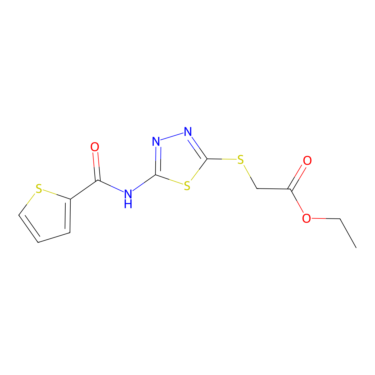 Ethyl 2-((5-(thiophene-2-carboxamido)-1,3,4-thiadiazol-2-yl)thio)acetate molecular structure, CAS 392317-95-2
