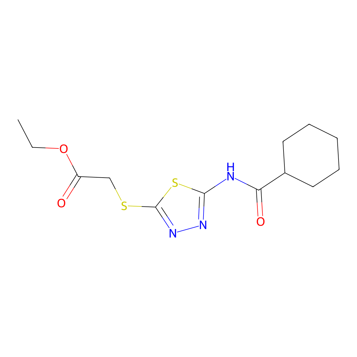 Ethyl 2-((5-(cyclohexanecarboxamido)-1,3,4-thiadiazol-2-yl)thio)acetate molecular structure, CAS 392317-97-4