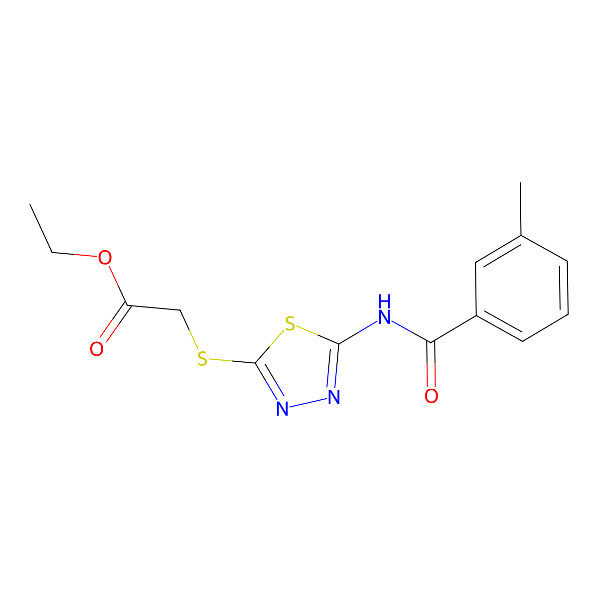 Ethyl 2-((5-(3-methylbenzamido)-1,3,4-thiadiazol-2-yl)thio)acetate molecular structure, CAS 392318-03-5