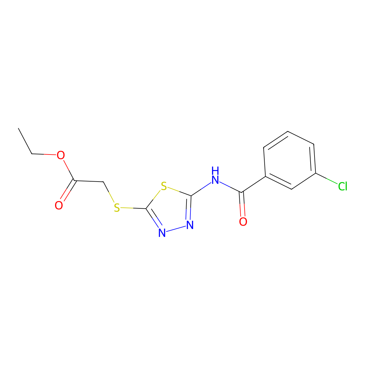 Ethyl 2-((5-(3-chlorobenzamido)-1,3,4-thiadiazol-2-yl)thio)acetate molecular structure, CAS 392318-09-1