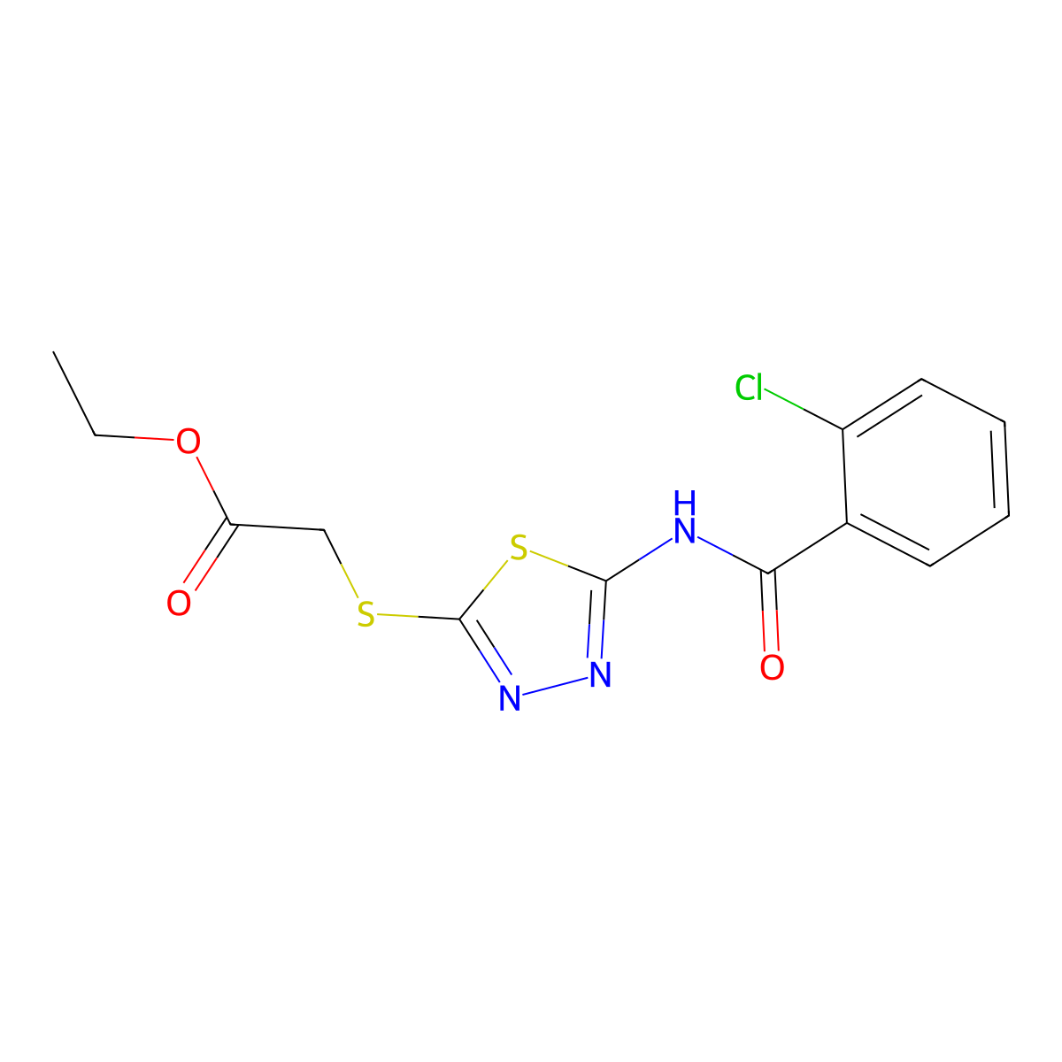 Ethyl 2-((5-(2-chlorobenzamido)-1,3,4-thiadiazol-2-yl)thio)acetate molecular structure, CAS 392318-11-5