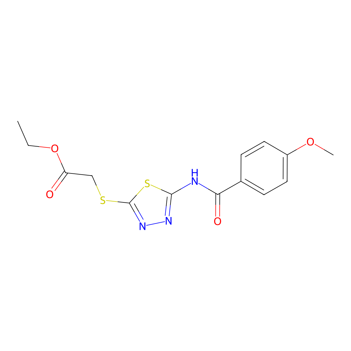 Ethyl 2-((5-(4-methoxybenzamido)-1,3,4-thiadiazol-2-yl)thio)acetate molecular structure, CAS 392318-13-7