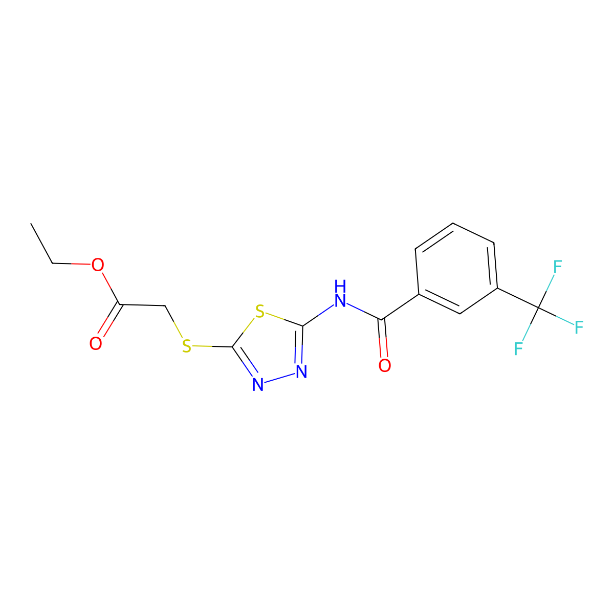 Ethyl 2-((5-(3-(trifluoromethyl)benzamido)-1,3,4-thiadiazol-2-yl)thio)acetate molecular structure, CAS 392318-25-1