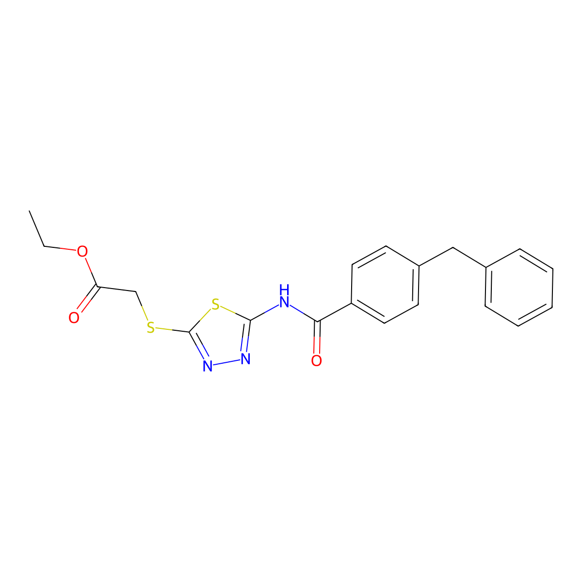 Ethyl 2-((5-(4-benzylbenzamido)-1,3,4-thiadiazol-2-yl)thio)acetate molecular structure, CAS 392318-30-8