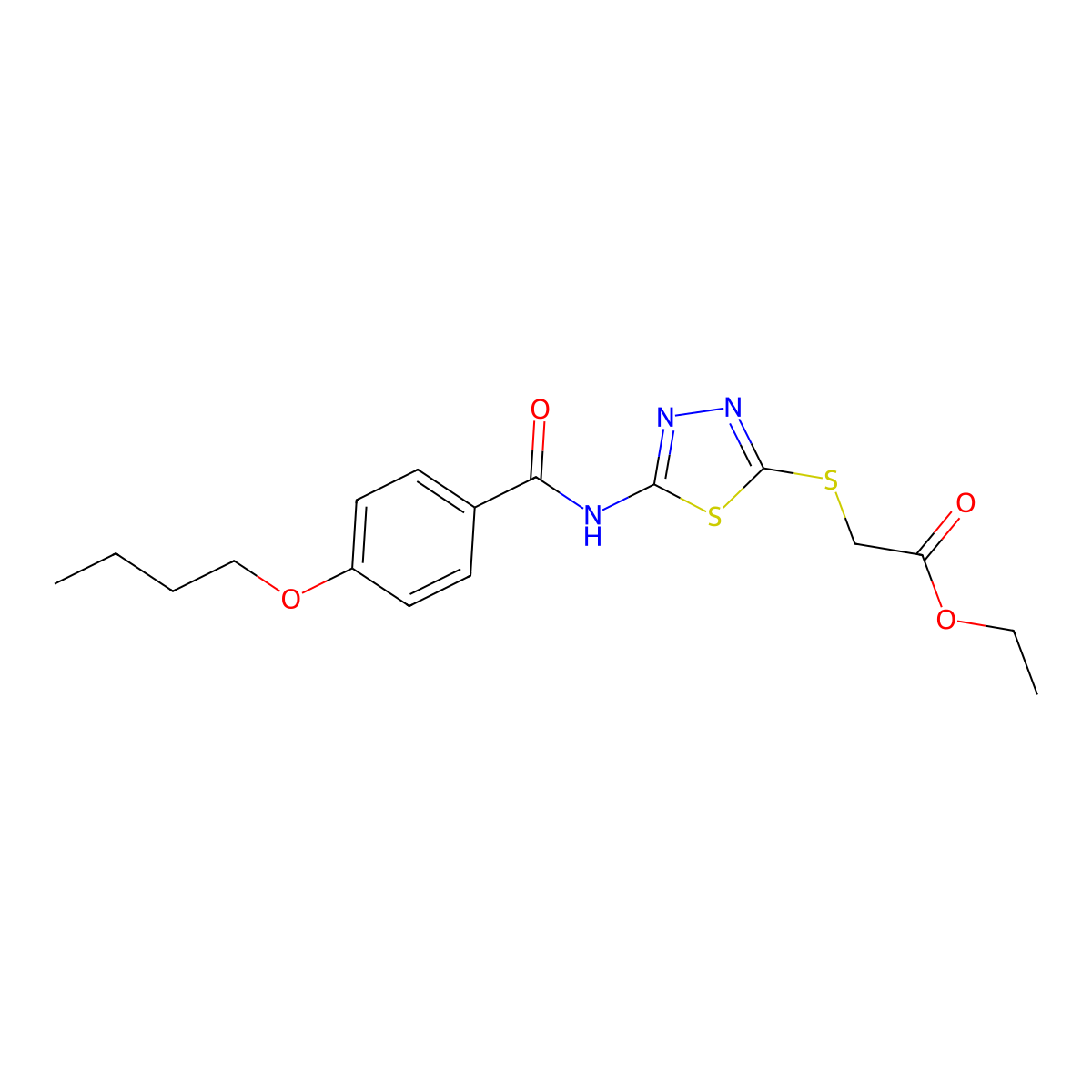 Ethyl 2-((5-(4-butoxybenzamido)-1,3,4-thiadiazol-2-yl)thio)acetate molecular structure, CAS 392318-34-2