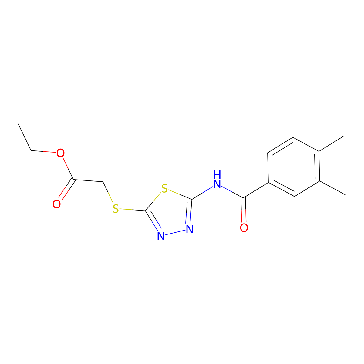 Ethyl 2-((5-(3,4-dimethylbenzamido)-1,3,4-thiadiazol-2-yl)thio)acetate molecular structure, CAS 392318-36-4