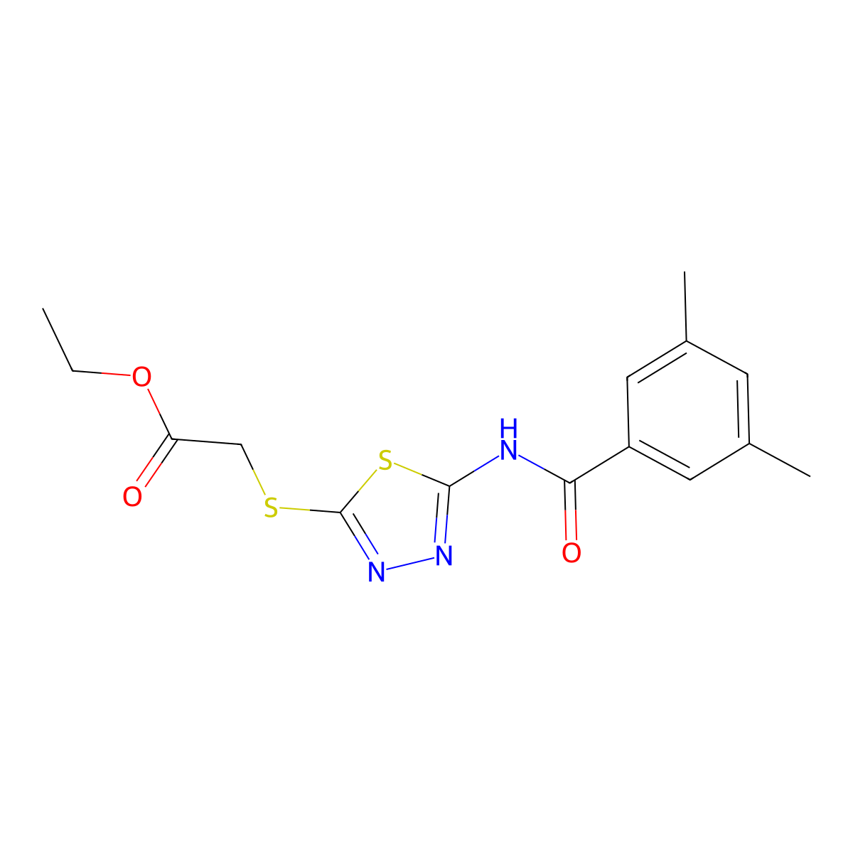 Ethyl 2-((5-(3,5-dimethylbenzamido)-1,3,4-thiadiazol-2-yl)thio)acetate molecular structure, CAS 392318-38-6