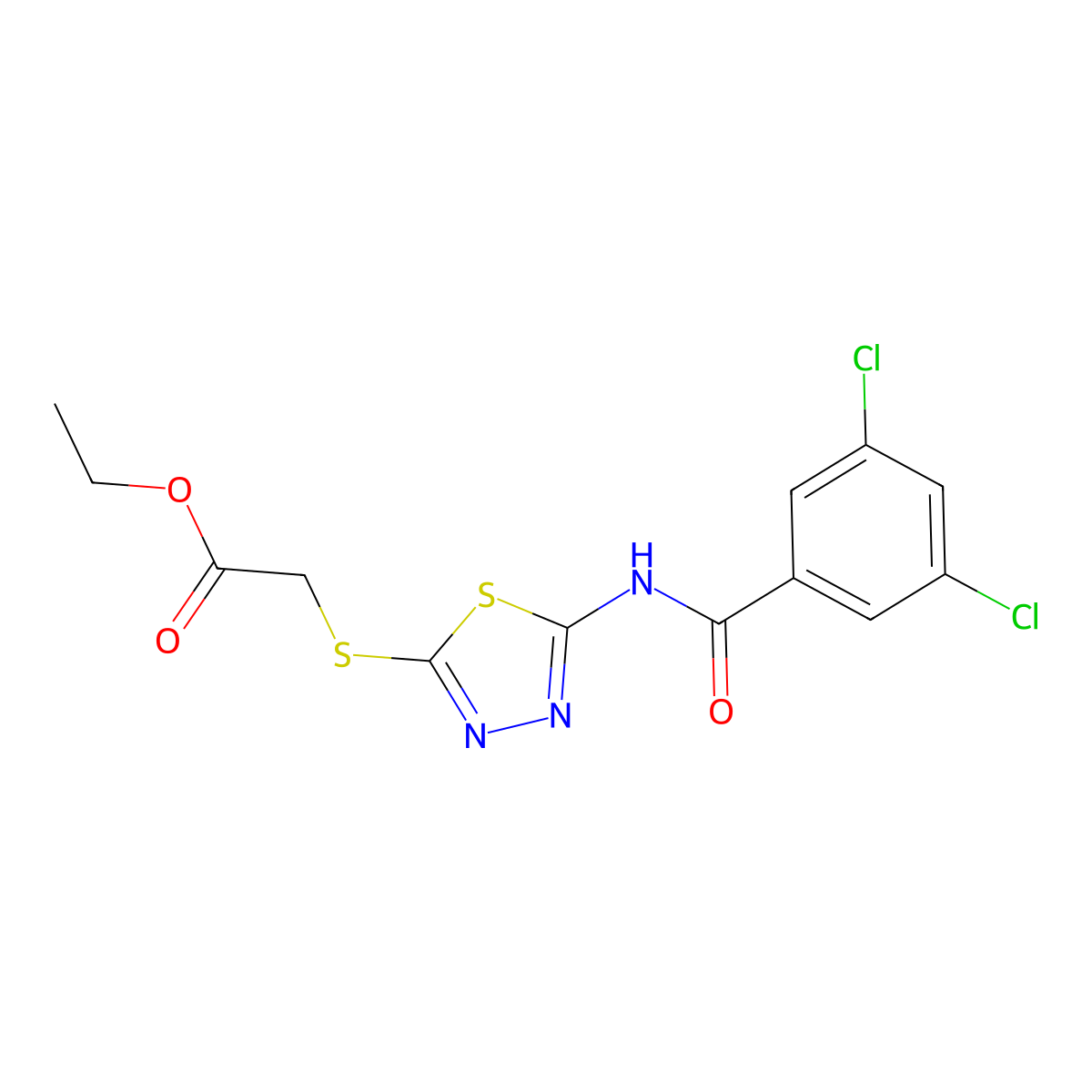 Ethyl 2-((5-(3,5-dichlorobenzamido)-1,3,4-thiadiazol-2-yl)thio)acetate molecular structure, CAS 392318-40-0