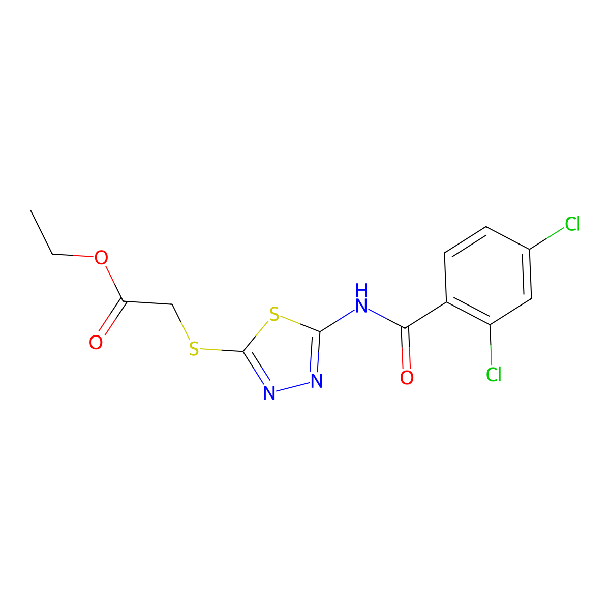 Ethyl 2-((5-(2,4-dichlorobenzamido)-1,3,4-thiadiazol-2-yl)thio)acetate molecular structure, CAS 392318-42-2