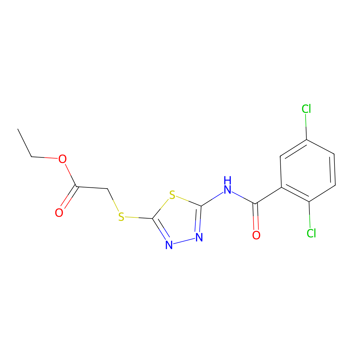 Ethyl 2-((5-(2,5-dichlorobenzamido)-1,3,4-thiadiazol-2-yl)thio)acetate molecular structure, CAS 392318-44-4