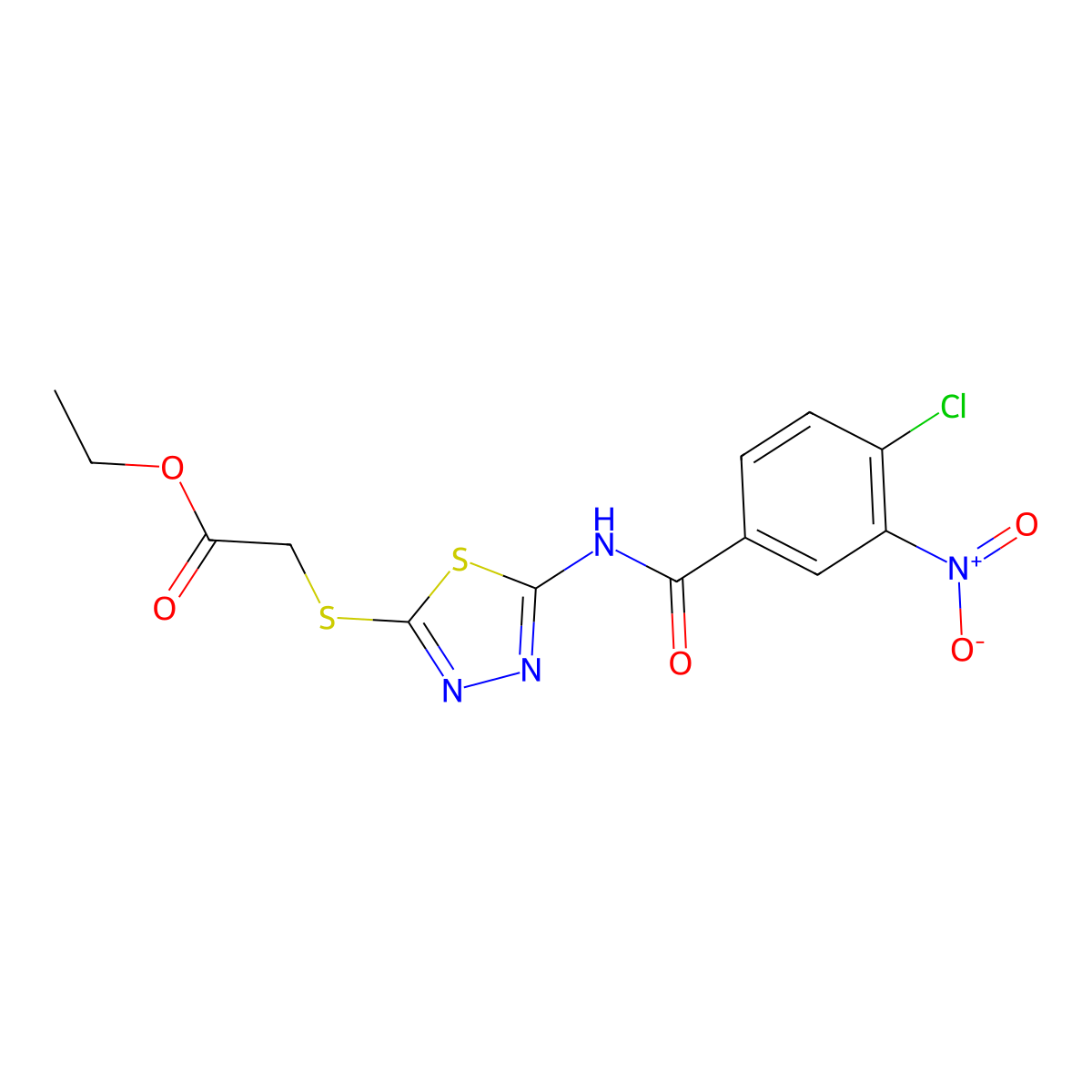 Ethyl 2-((5-(4-chloro-3-nitrobenzamido)-1,3,4-thiadiazol-2-yl)thio)acetate molecular structure, CAS 392318-48-8