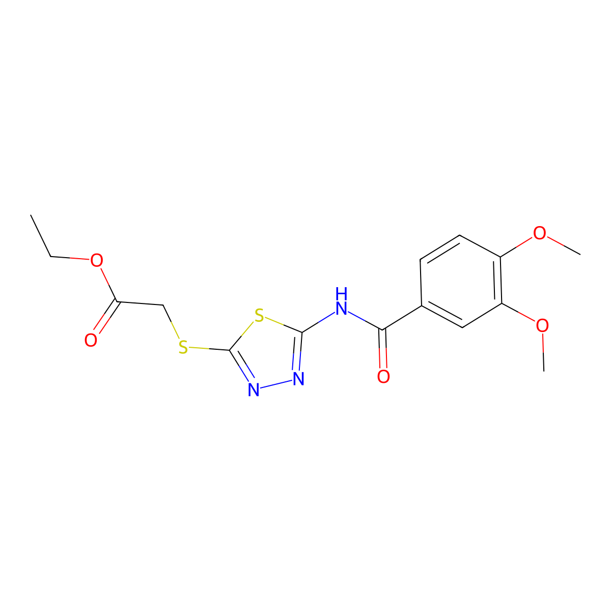 Ethyl 2-((5-(3,4-dimethoxybenzamido)-1,3,4-thiadiazol-2-yl)thio)acetate molecular structure, CAS 392318-50-2