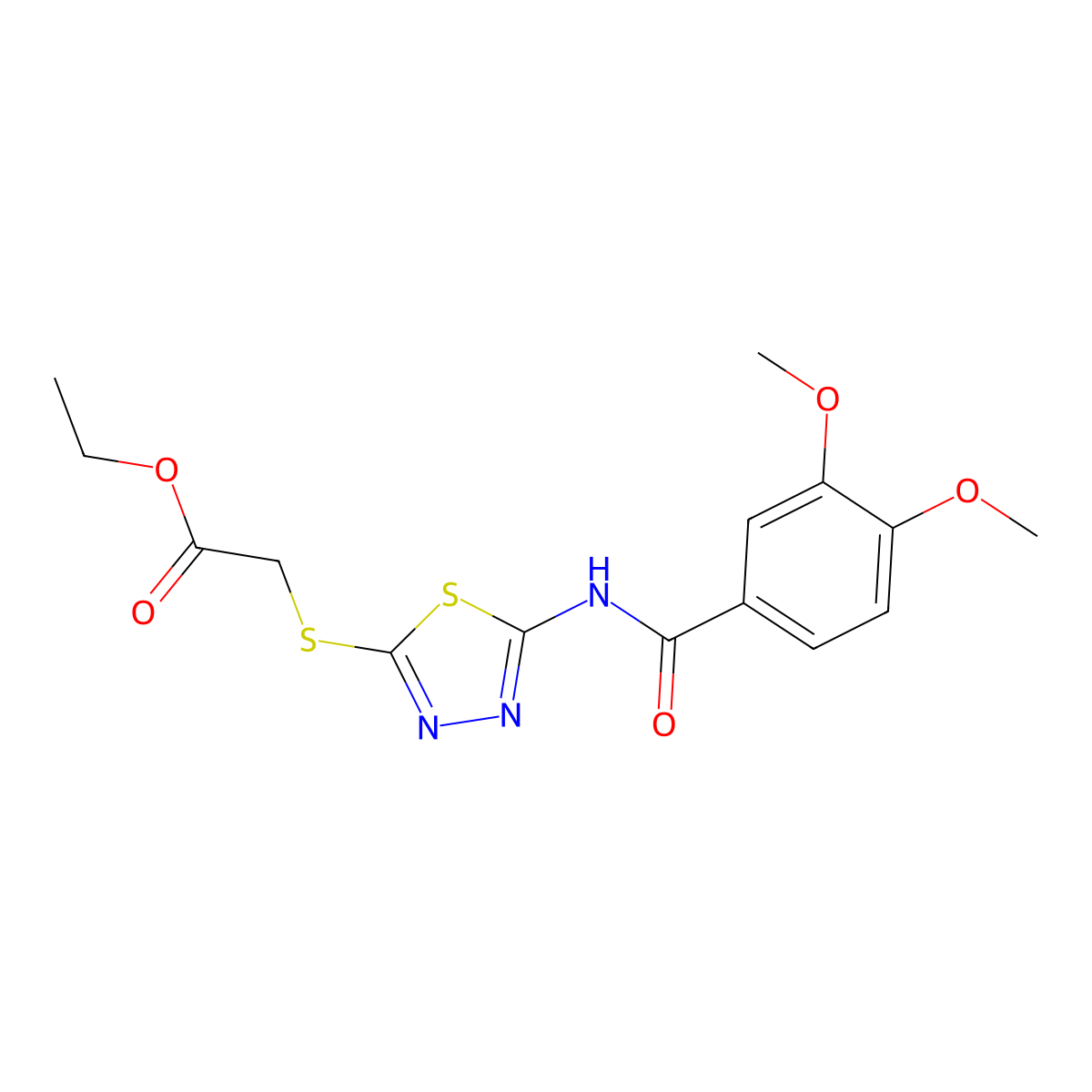Ethyl 2-((5-(3,4-dimethoxybenzamido)-1,3,4-thiadiazol-2-yl)thio)acetate molecular structure, CAS 392318-50-2