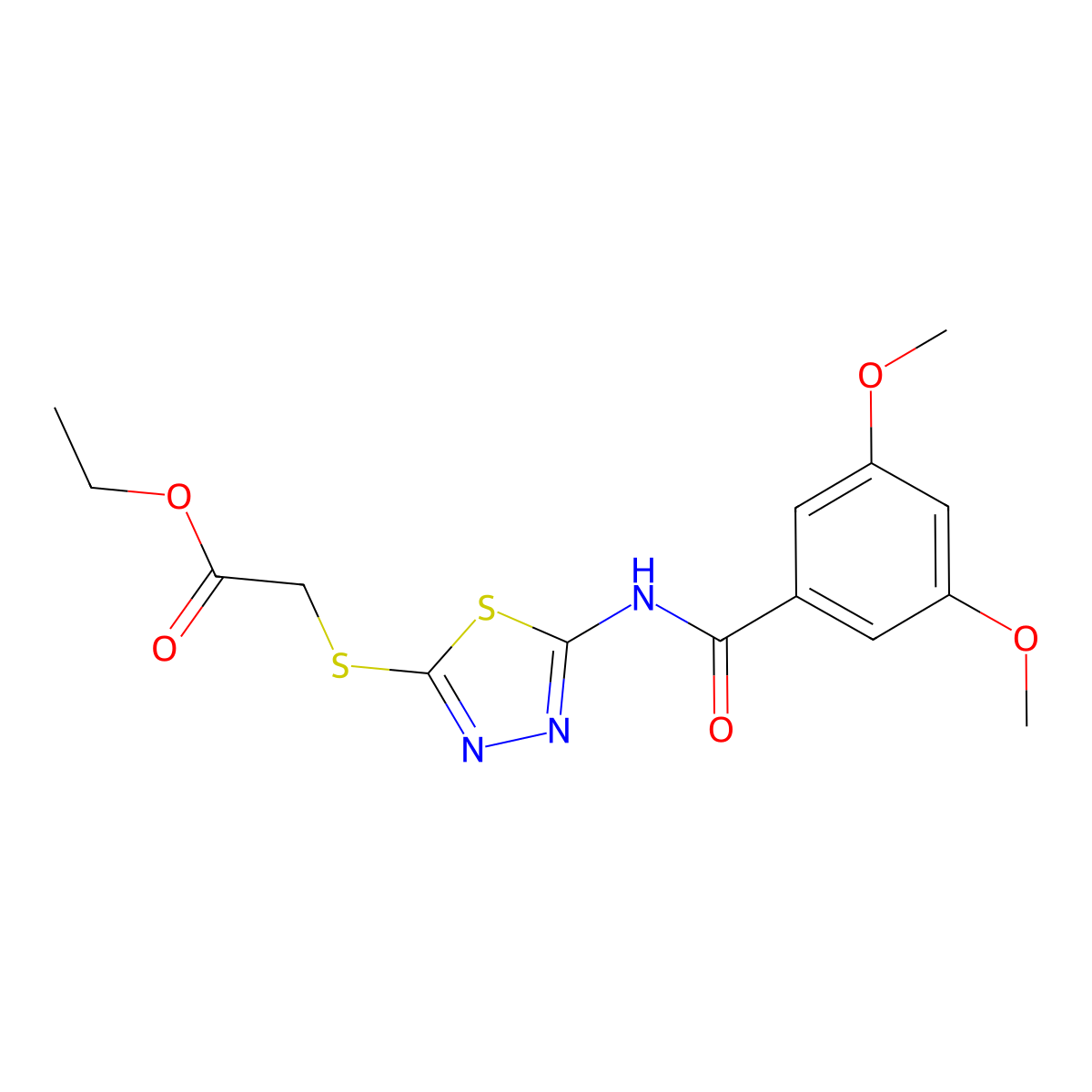 Ethyl 2-((5-(3,5-dimethoxybenzamido)-1,3,4-thiadiazol-2-yl)thio)acetate molecular structure, CAS 392318-54-6