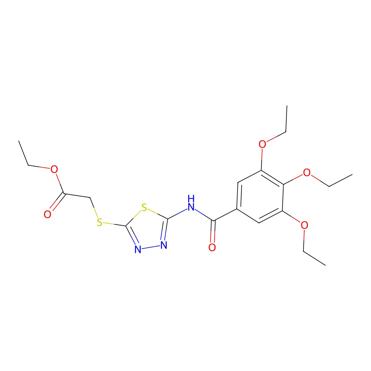Ethyl 2-((5-(3,4,5-triethoxybenzamido)-1,3,4-thiadiazol-2-yl)thio)acetate molecular structure, CAS 392318-58-0
