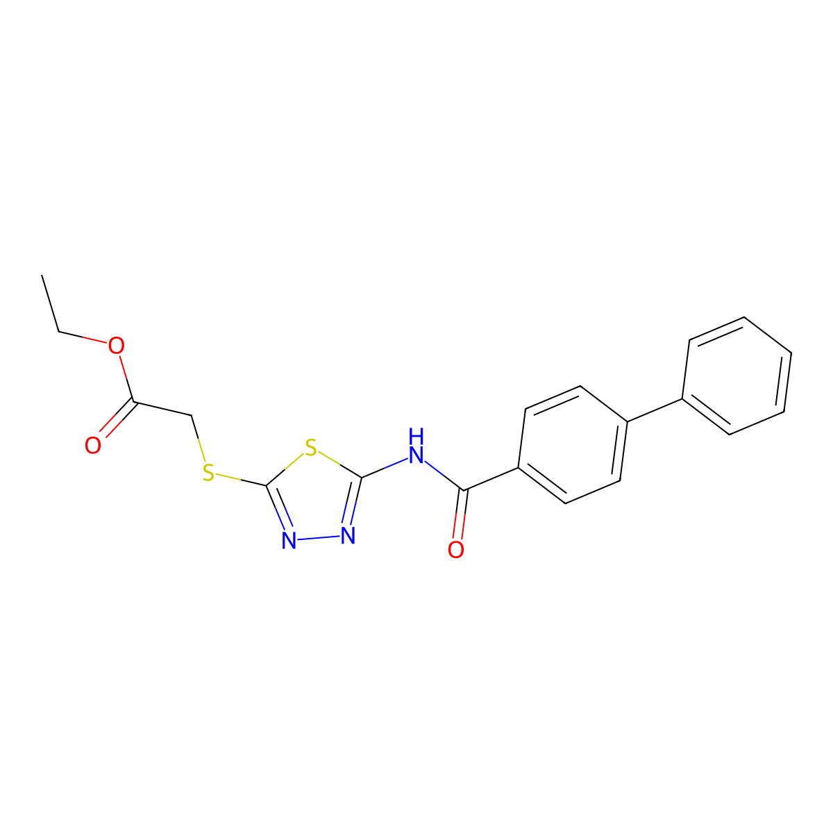 Ethyl 2-[[5-[(4-phenylbenzoyl)amino]-1,3,4-thiadiazol-2-yl]sulfanyl]acetate molecular structure, CAS 392318-60-4