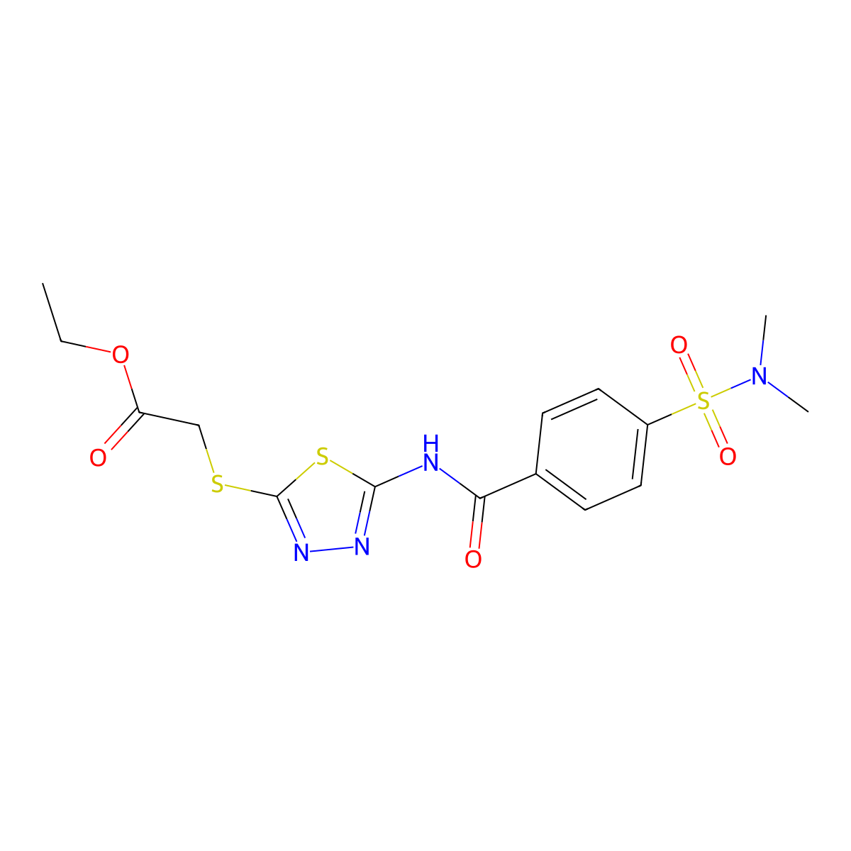 Ethyl 2-[[5-[[4-(dimethylsulfamoyl)benzoyl]amino]-1,3,4-thiadiazol-2-yl]sulfanyl]acetate molecular structure, CAS 392318-62-6