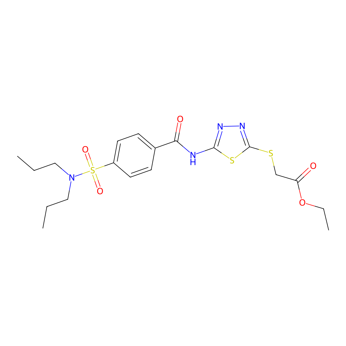 Ethyl 2-[[5-[[4-(dipropylsulfamoyl)benzoyl]amino]-1,3,4-thiadiazol-2-yl]sulfanyl]acetate molecular structure, CAS 392318-66-0