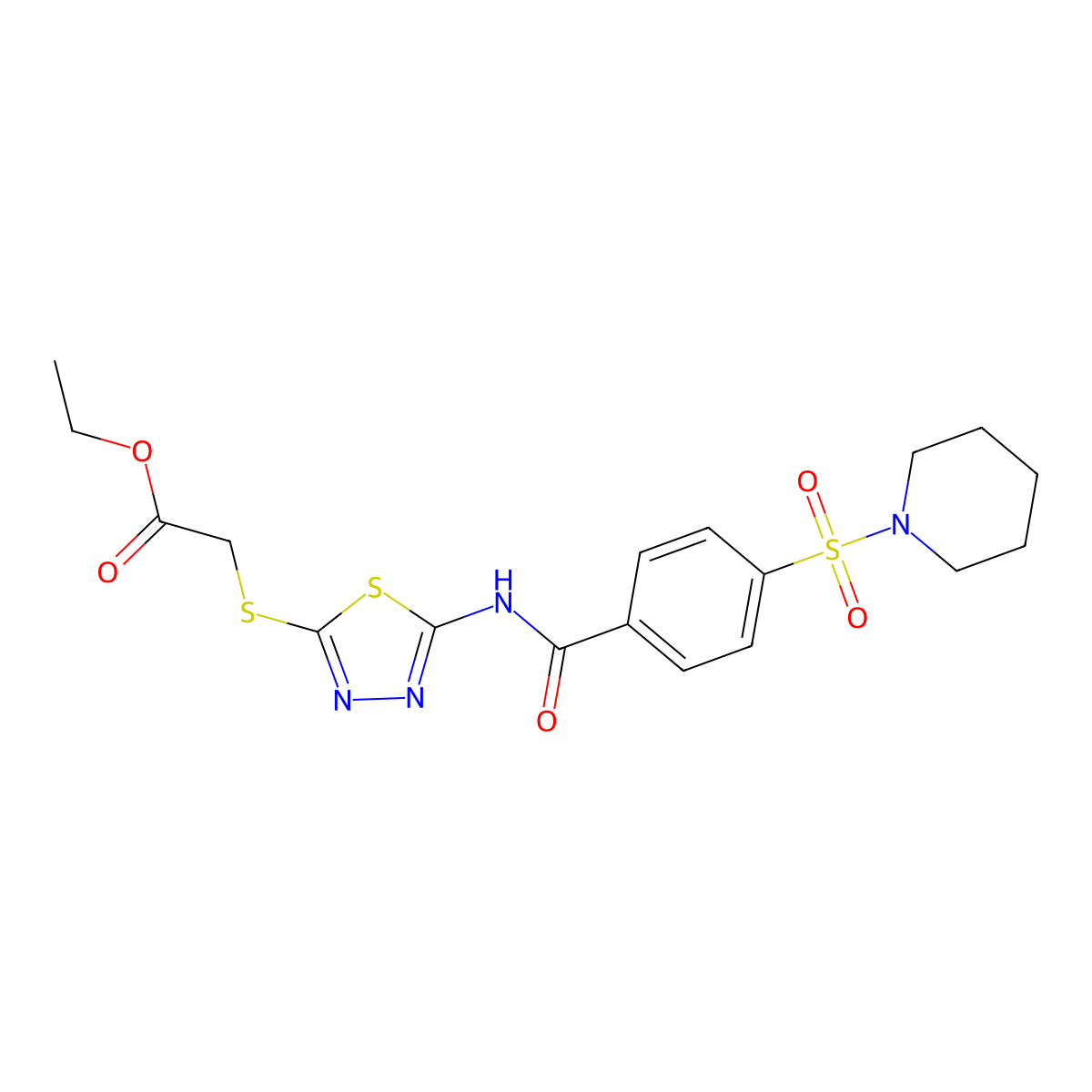 Ethyl 2-((5-(4-(piperidin-1-ylsulfonyl)benzamido)-1,3,4-thiadiazol-2-yl)thio)acetate molecular structure, CAS 392318-68-2