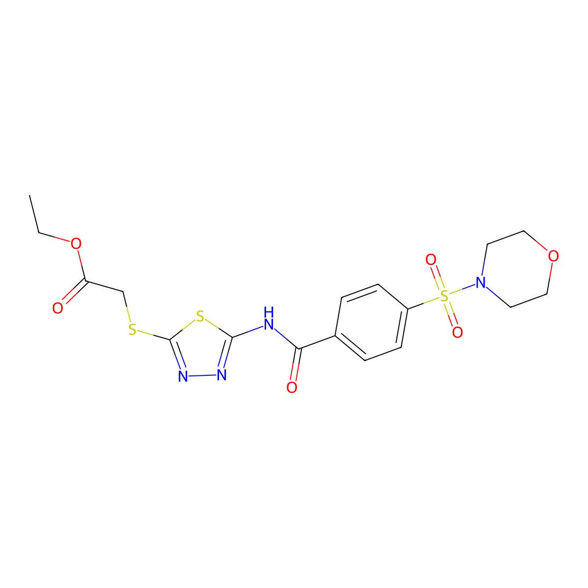 Ethyl 2-((5-(4-(morpholinosulfonyl)benzamido)-1,3,4-thiadiazol-2-yl)thio)acetate molecular structure, CAS 392318-70-6